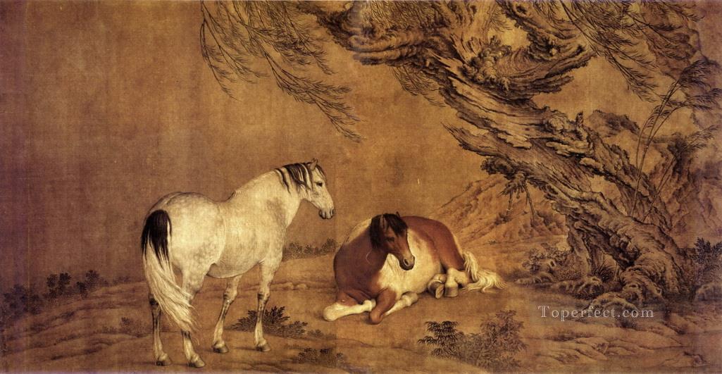 Lang brillando 2 caballos bajo la sombra del sauce tradicional China Pintura al óleo